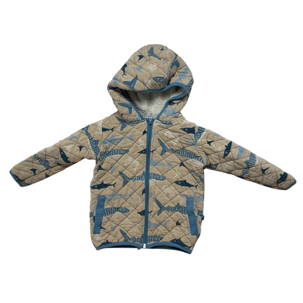 KICKEE PANTS Print Quilted Tan Jacket Sherpa-Lined Hood Swimming Sharks Size 2T